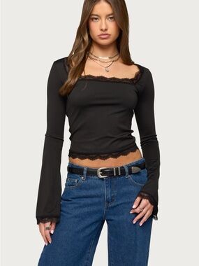 Edikted Black Kailin Lace-Trim Square Neck Flared Long Sleeve Top
